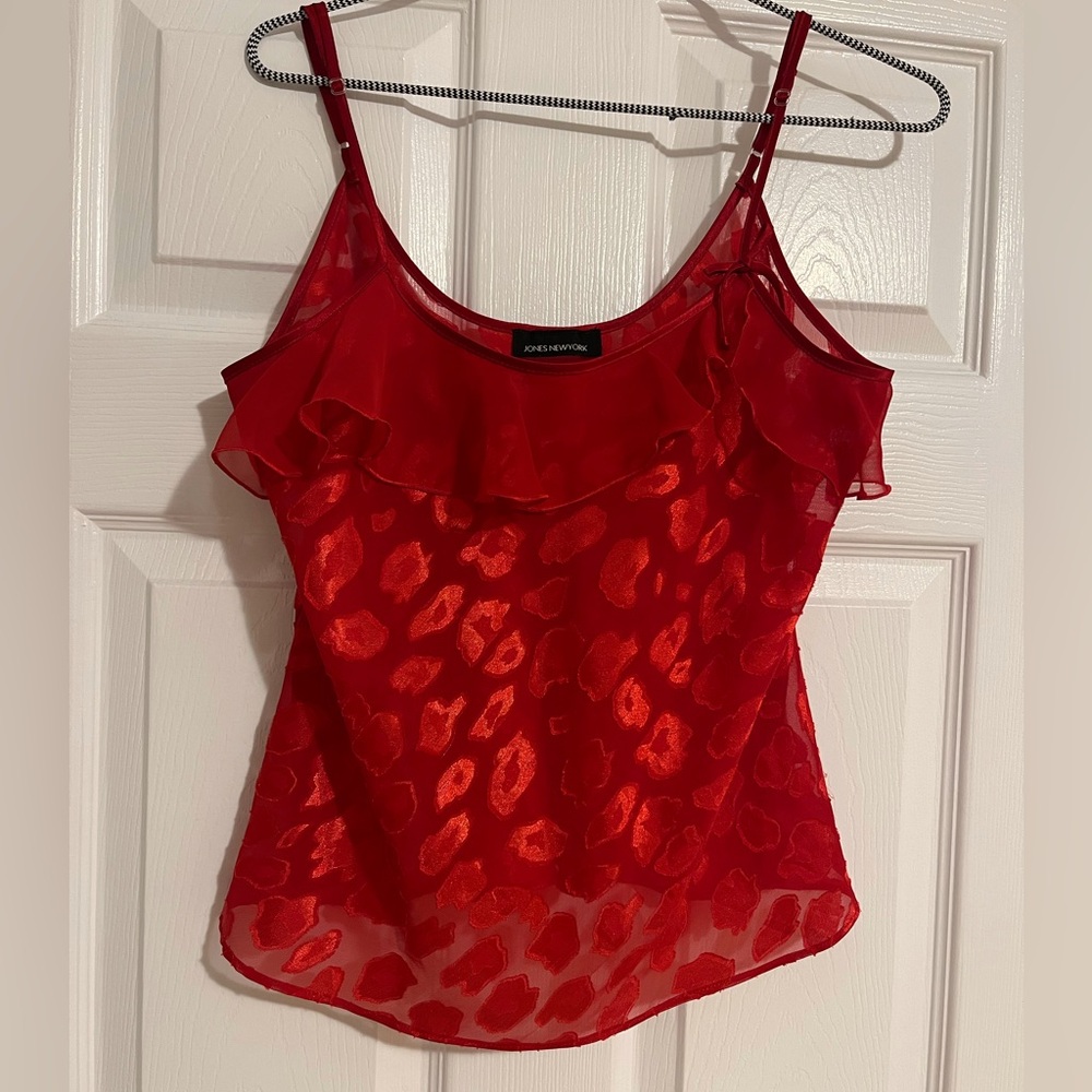 Jones New York Red Sheer Camisole with Leopard vintage top slip lingerie ruffle